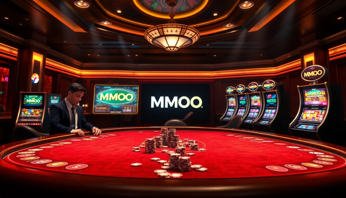 Experience the thrill of winning with MMOO at a vibrant casino table featuring professional dealers and slot machines.