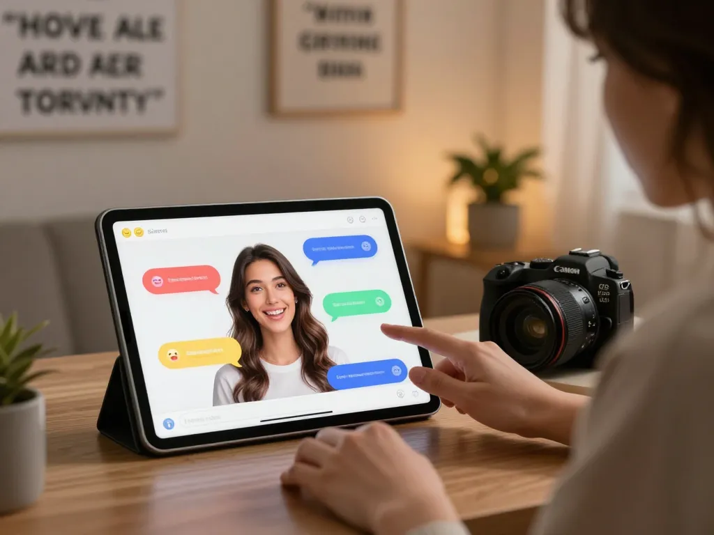 Engaging interaction with girlfriend AI on tablet in modern workspace.