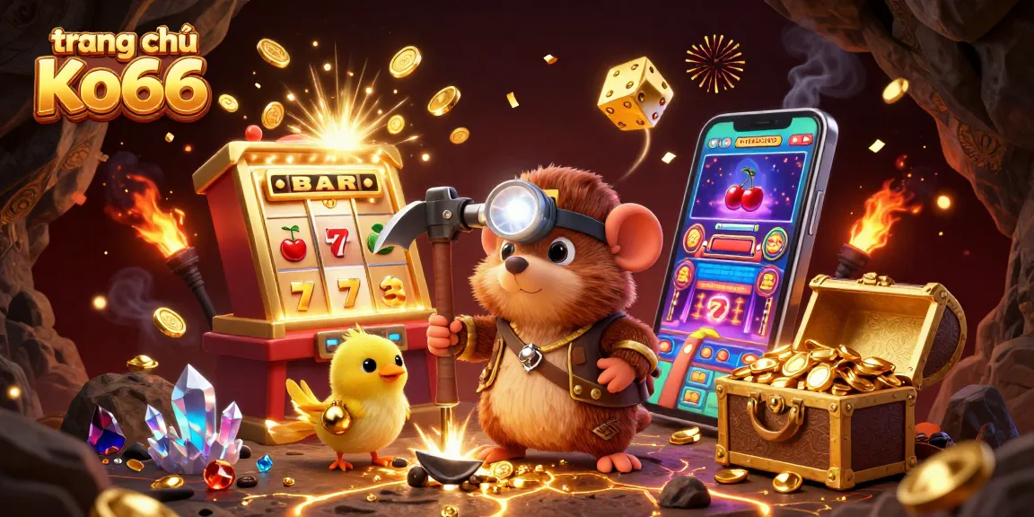 Experience thrilling gaming at trang chủ Ko66 with a vibrant 3D illustration of a treasure hunter in a dynamic casino scene.