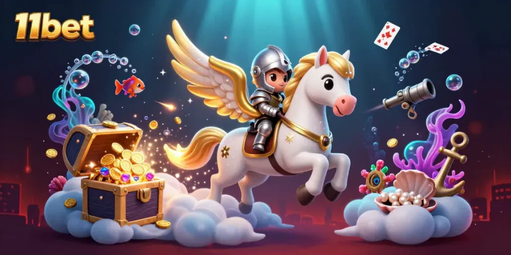 Experience thrilling adventures at 11bet with a celestial horse and knight amidst underwater treasure.