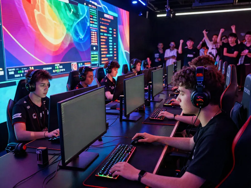 Energetic esports arena with gamers showcasing rokok88 competition spirit.