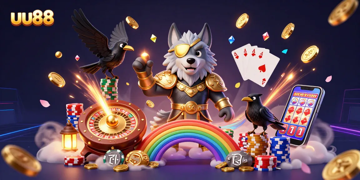 Experience excitement at uu88 casino with a thrilling depiction of an Odin wolf and ravens amidst vibrant gaming elements.