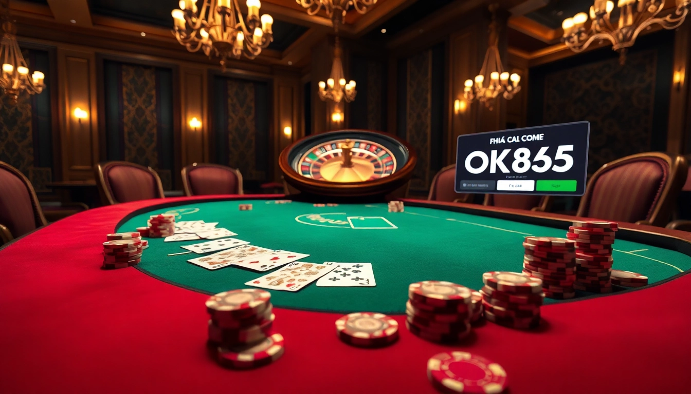 Engaging with a high-stakes poker table scene at nhà cái OK365, showcasing colorful chips and cards.