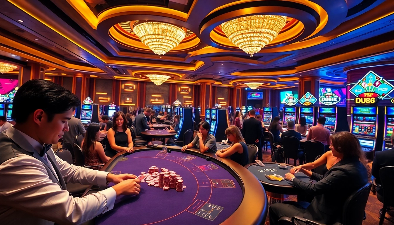 Players at a DU88-themed casino enjoying blackjack and poker in a luxurious setting.