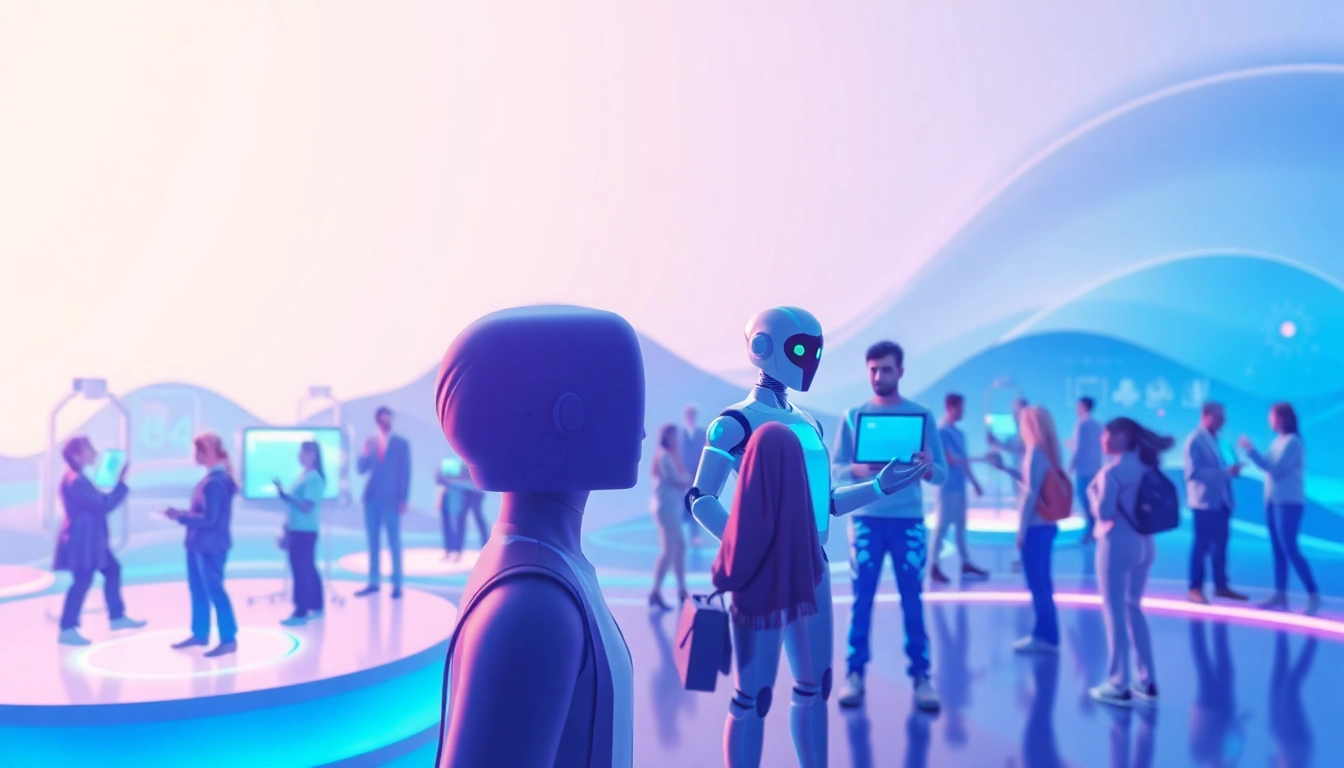 Engaging scene of diverse users interacting with AI technology at crushonai, showcasing innovation and connection.