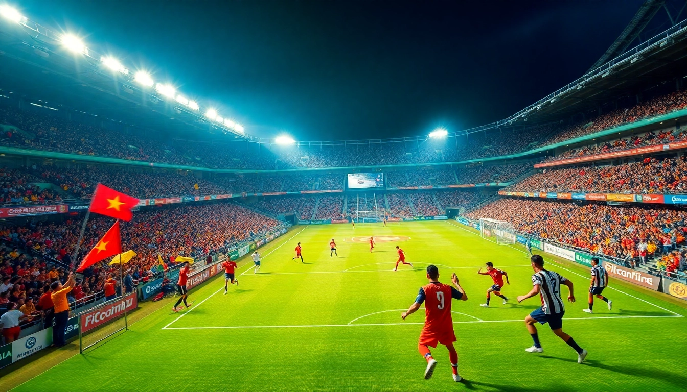 Dynamic scene from the Giải Bóng đá Vô địch Quốc gia Việt Nam, showcasing an exciting football match with vibrant fans and players.