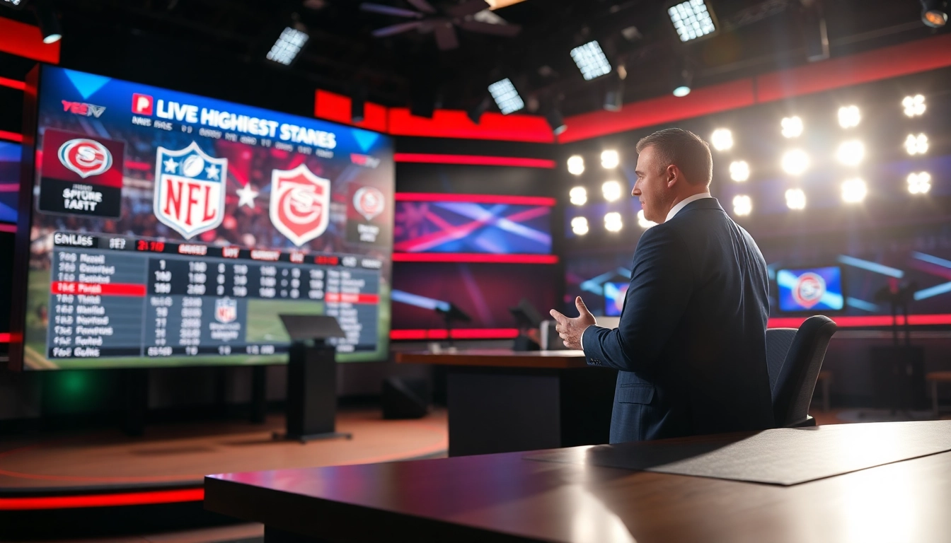 Engaging scene of sports broadcasting studio showcasing lively analysis and live game stats.
