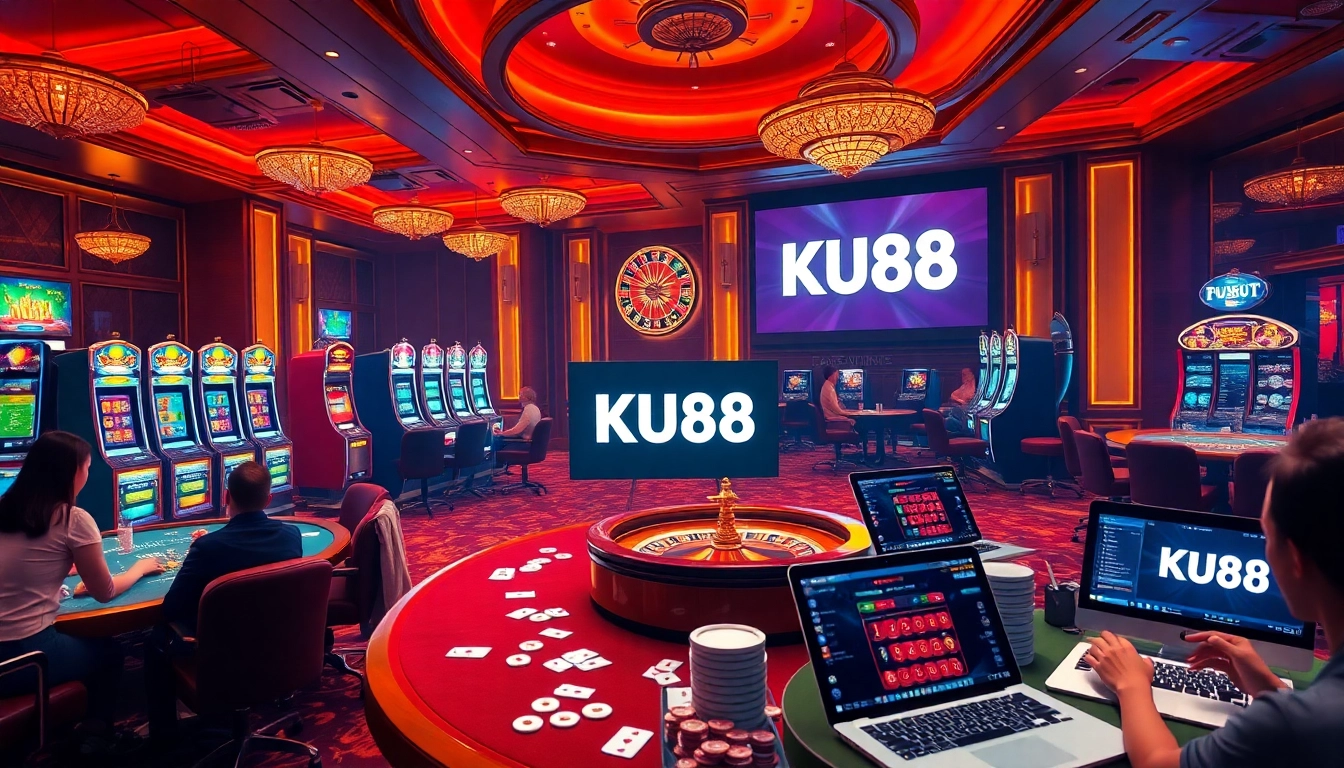 Exciting casino scene highlighting KU88's engaging gambling atmosphere with poker chips and slot machines.