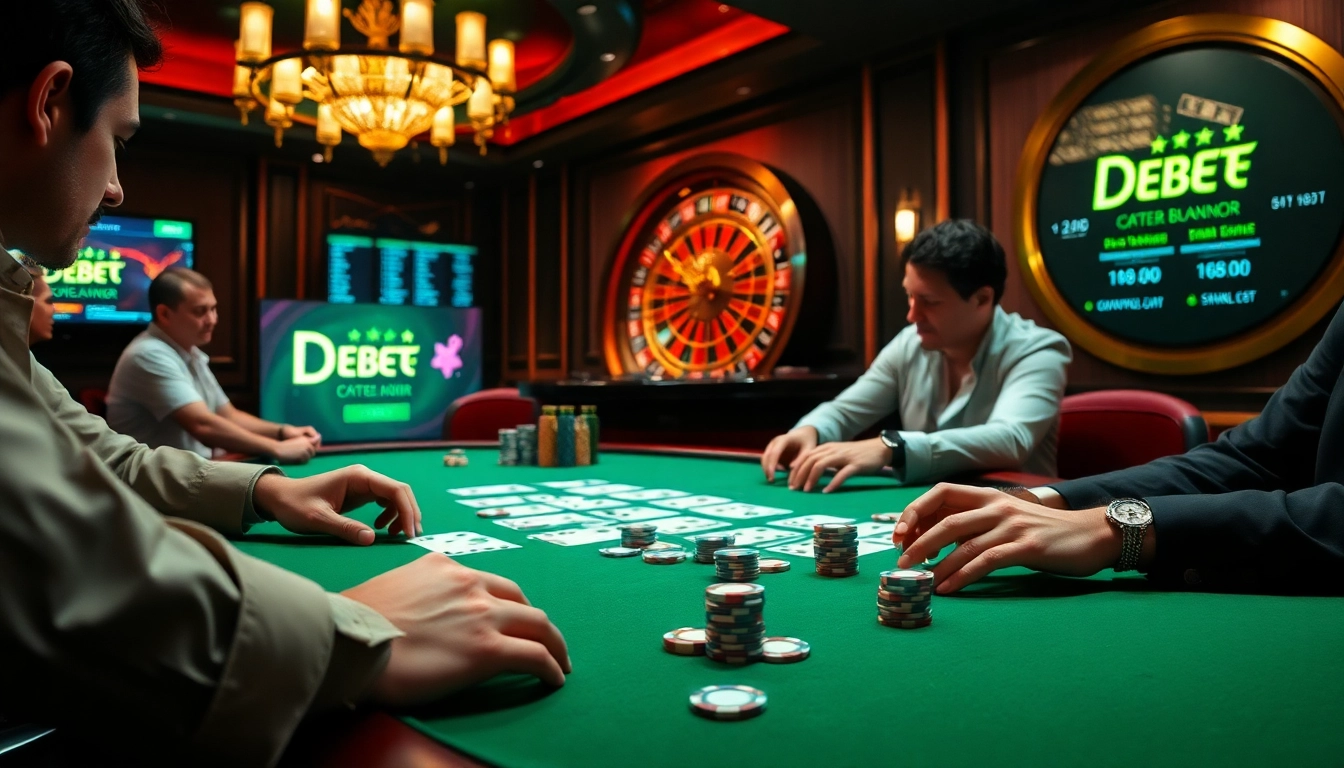 Players engaging in a thrilling poker game at a casino table, surrounded by DEBET betting interfaces.