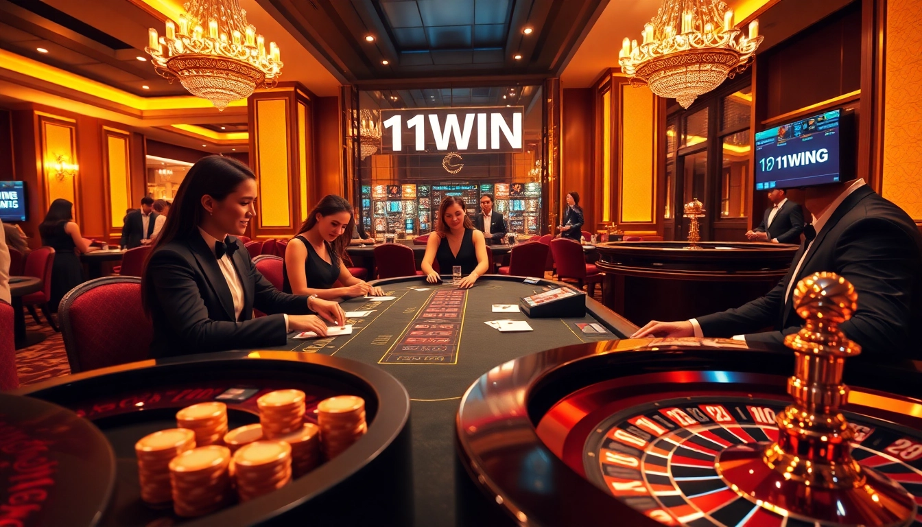 Engaged players enjoying their wins at blackjack, experiencing the thrill of 11WIN in a luxurious casino setting.