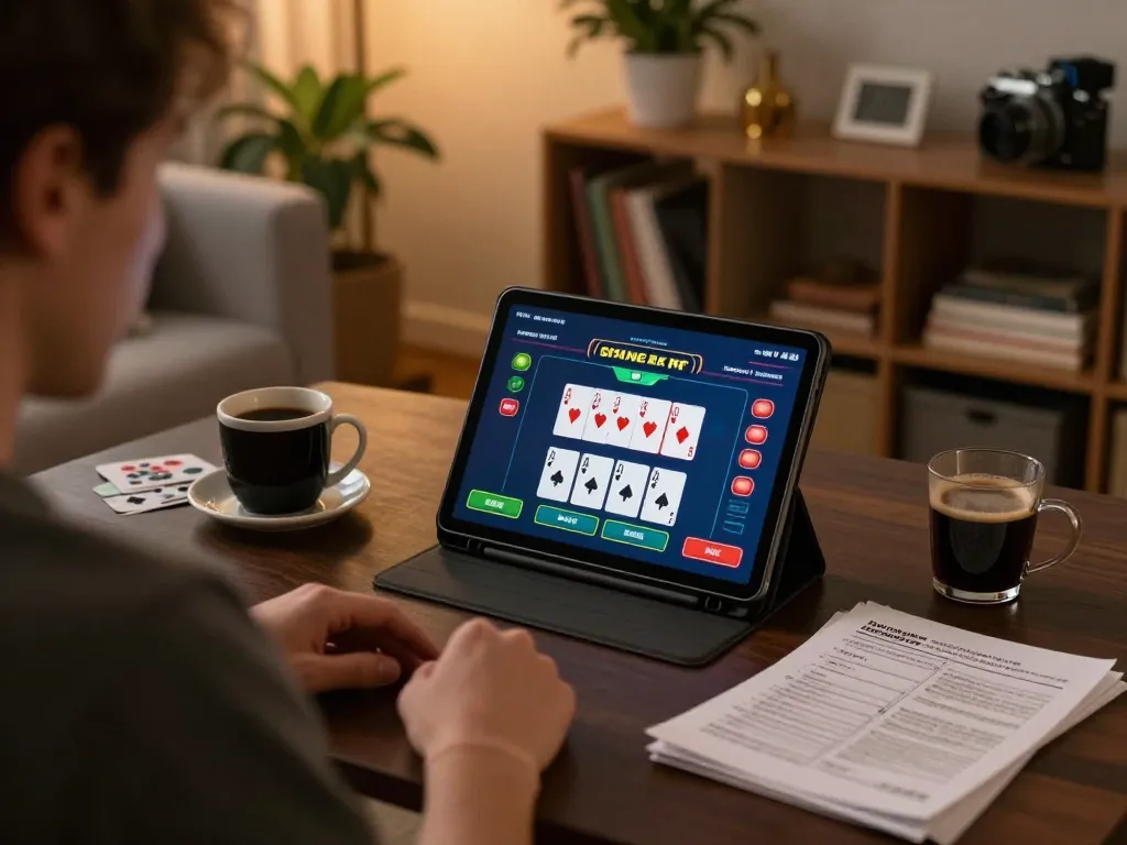 Engage in đăng ký rr88 while playing poker online, showcasing a cozy home atmosphere with strategic notes and warm lighting.