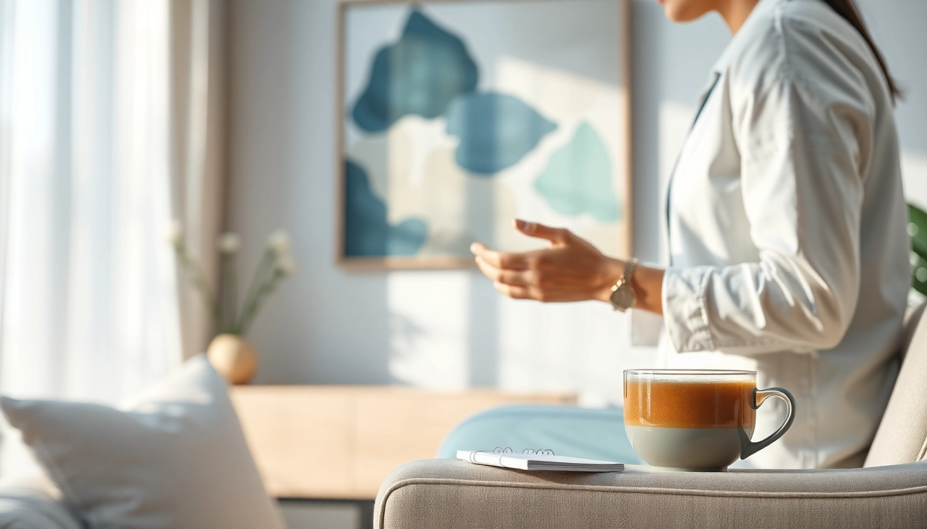 Therapist guiding client on managing stress and anxiety in a calming office setting.