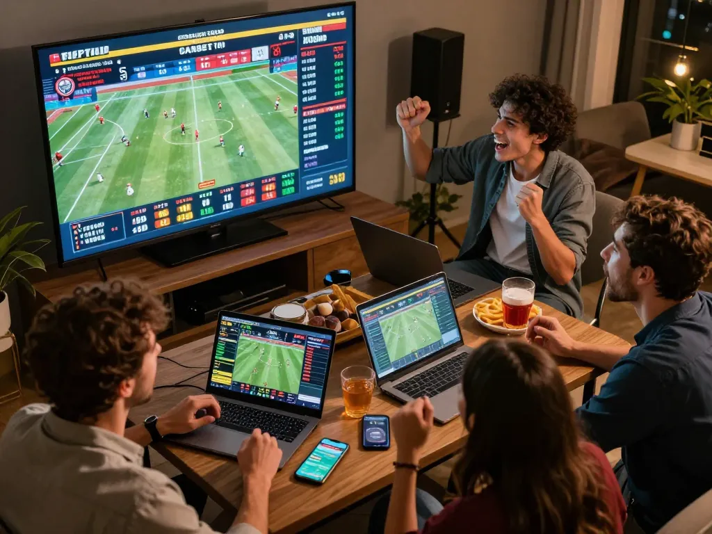 Active sports betting scene showcasing friends engaging with Trang game RR88 on smartphones, surrounded by live game stats and energy.