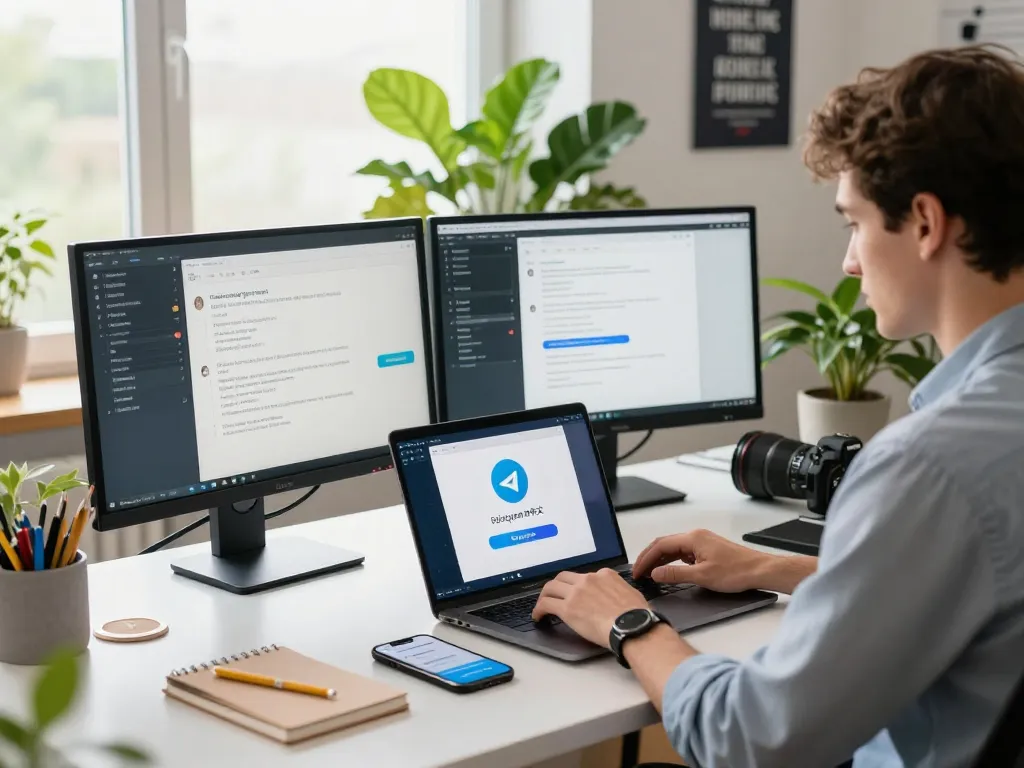 专业人士在现代工作空间中导航Telegram中文设置，展示生产力和创新的科技设置。
