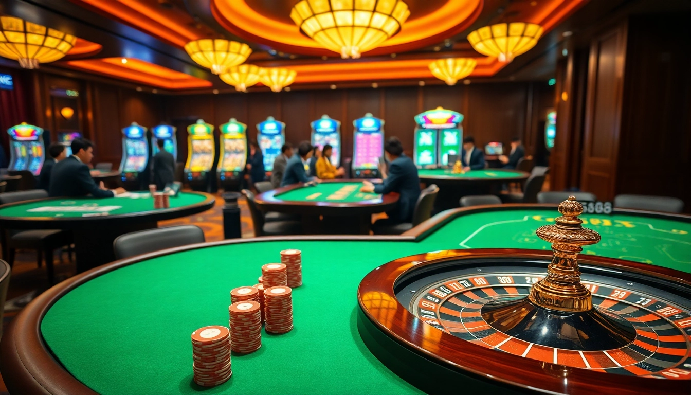 Players enjoying poker at GG88 casino with vibrant tables and exciting atmosphere.