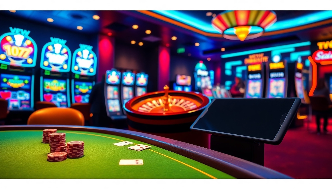 Exciting gaming action at 789club with poker chips, cards, and a spinning roulette wheel.