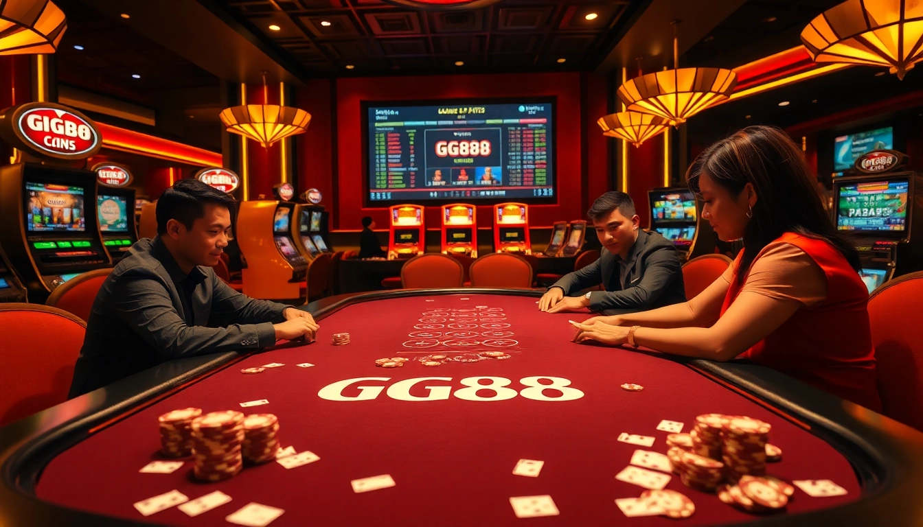 Players engaging in a thrilling game at GG88's luxurious casino table, with poker chips and cards.