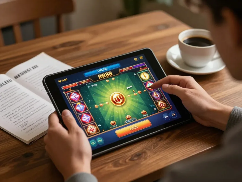 Player enjoys Trang game RR88 on tablet with strategy notes and coffee.