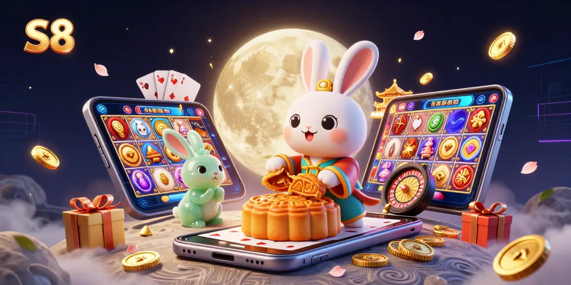 S8 enchants players with a lively scene of a moon rabbit and jade companion, surrounded by spinning slot games and poker chips.