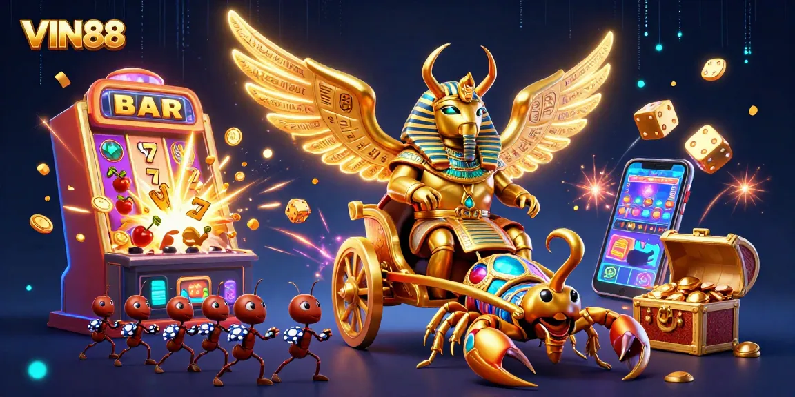 Engage with VIN88's vibrant casino scene featuring themed characters and game elements amidst a jackpot explosion.