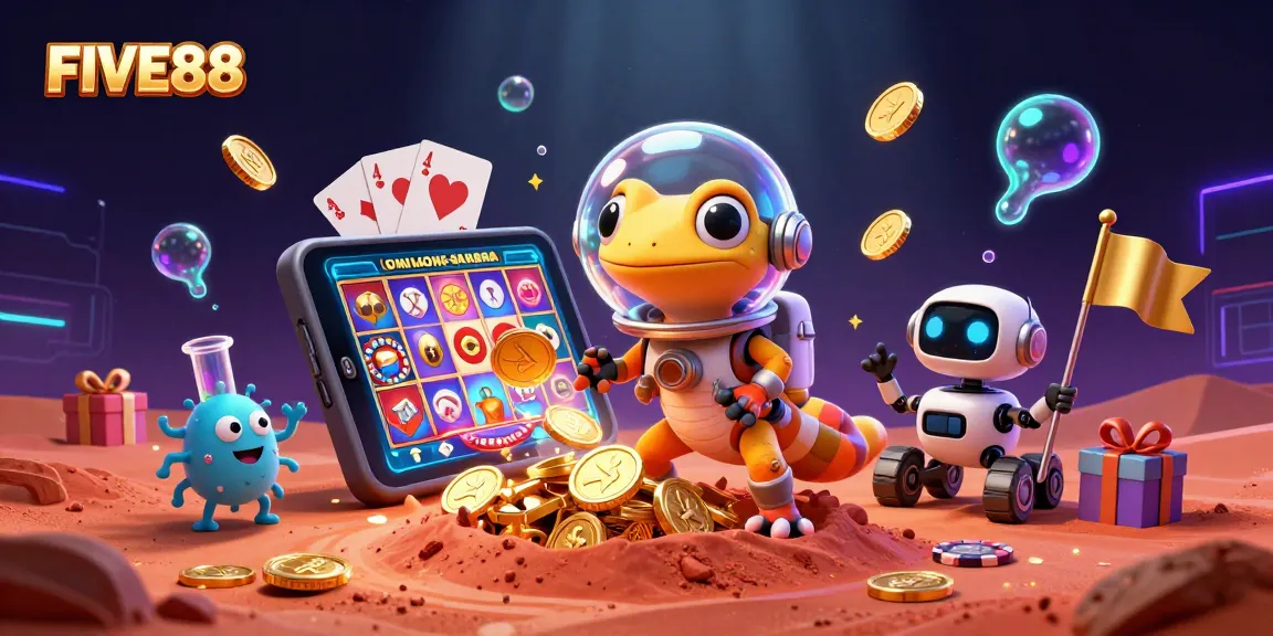 Experience the thrill of winning at FIVE88 with an energetic 3D casino scene bursting with excitement.