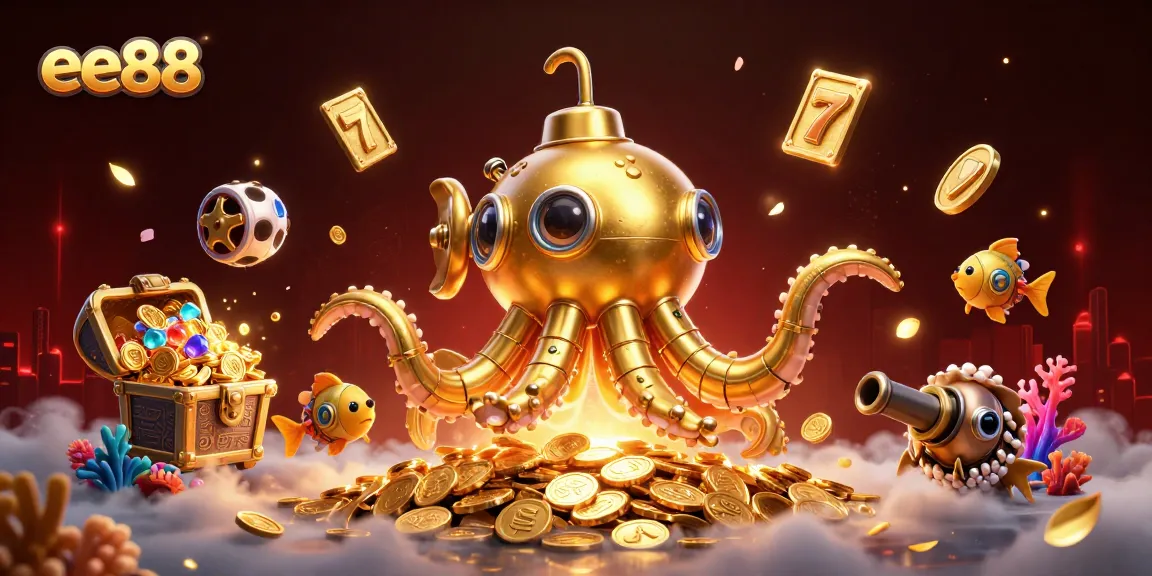 Engage with the thrilling energy of ee88 in a vibrant 3D casino illustration with golden treasures and lively gameplay elements.
