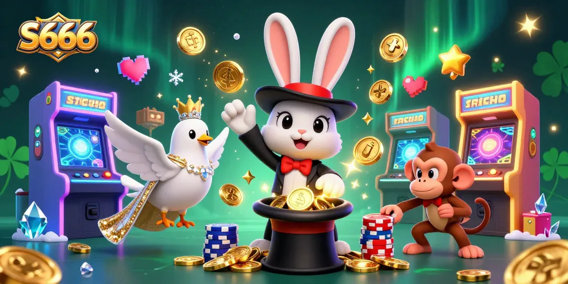 Experience thrilling gaming at S666 with a cartoon magician pulling gold coins, showcasing lively casino elements.