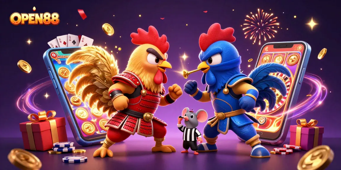 Enjoy thrilling gameplay at OPEN88 while watching fierce roosters duel in this vibrant casino art.