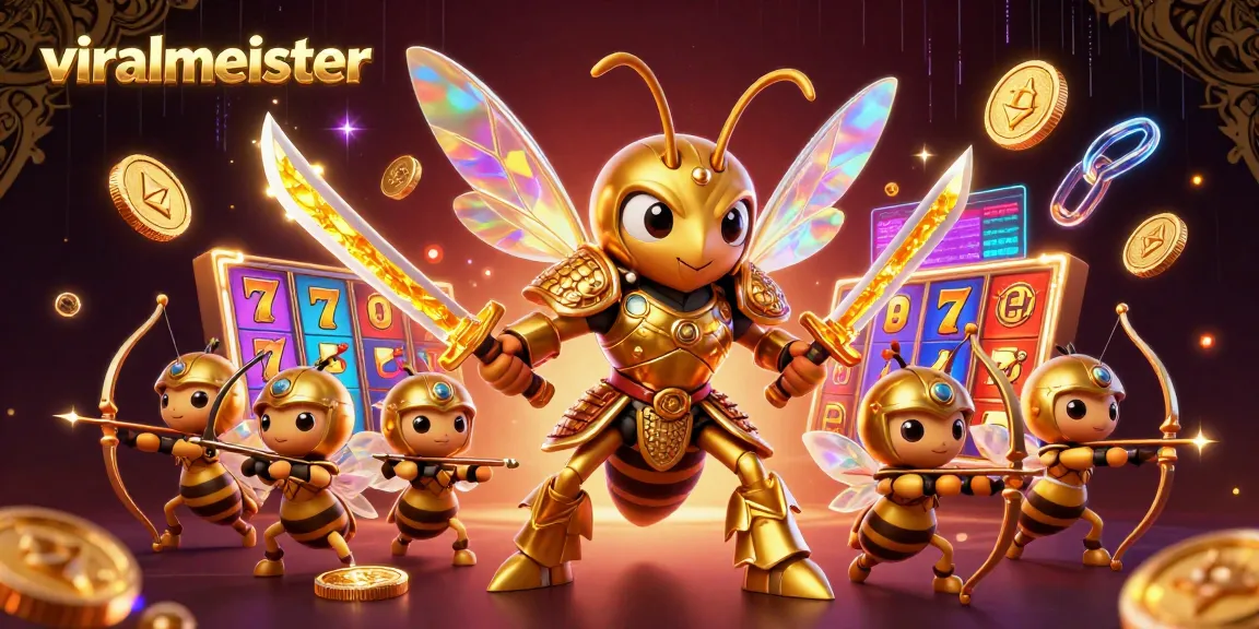 Experience gaming action with viralmeister's dynamic casino scene showcasing vibrant slot games and crypto coins.