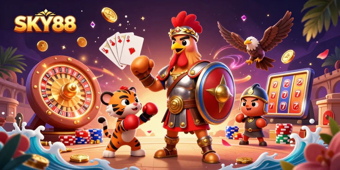 Experience thrilling bets with SKY88 in this vibrant casino illustration featuring dynamic characters.