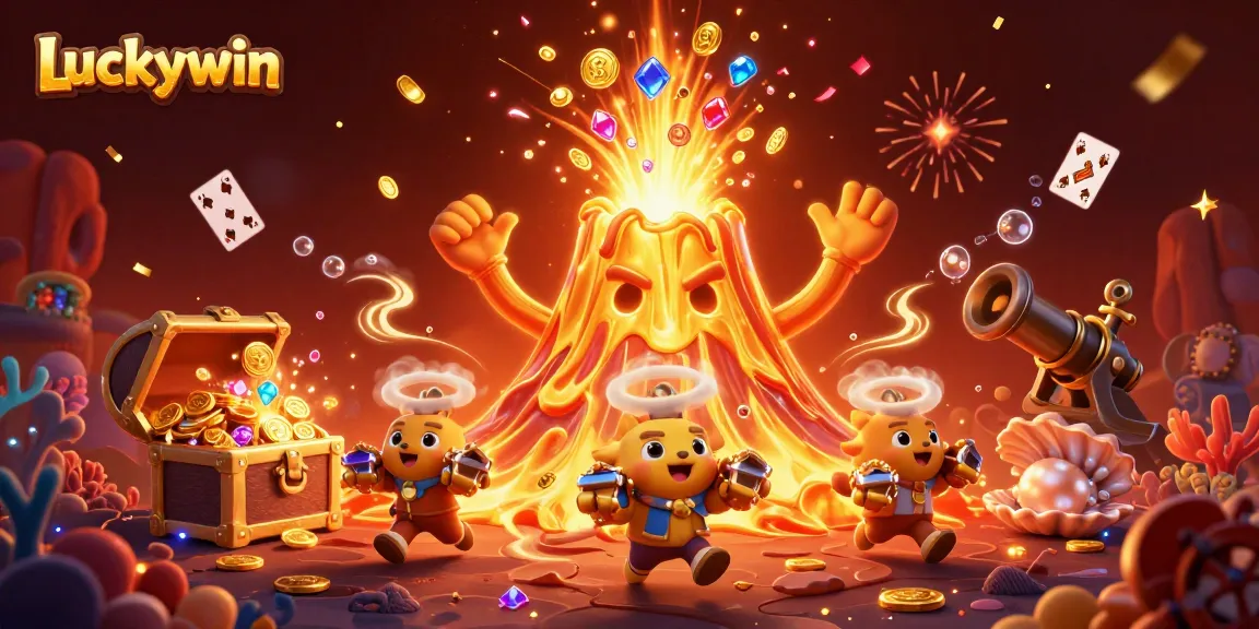 Luckywin engaging players with thrilling casino experience amidst a golden eruption of coins and gems.
