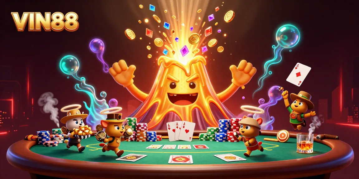 Experience the thrilling world of VIN88 as the golden volcano erupts with coins amidst a poker table setup.